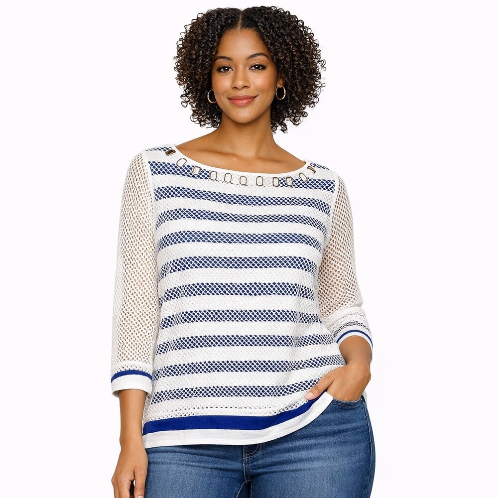 Ruby Rd Blue & White Striped Mesh Overlay Top | Boat Neck | Size XL